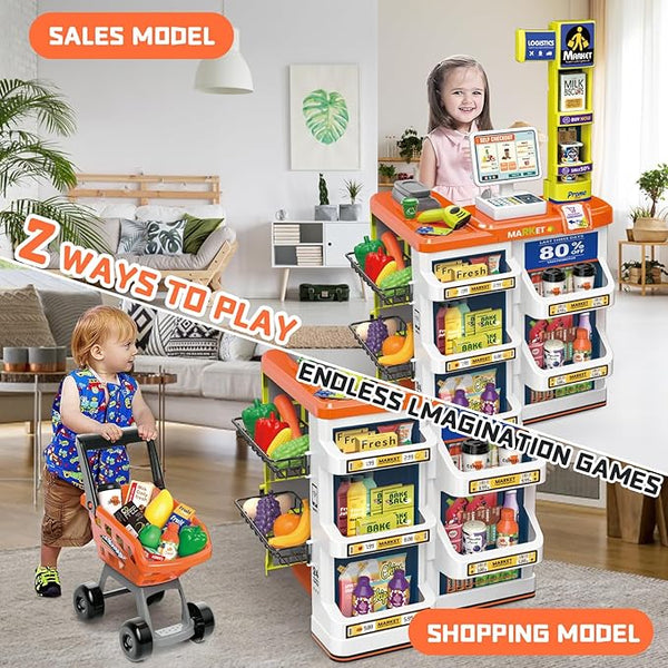 🛒 Supermarket Play Set for Kids (60 pcs) – Shop, Scan & Play! 🧃🍎